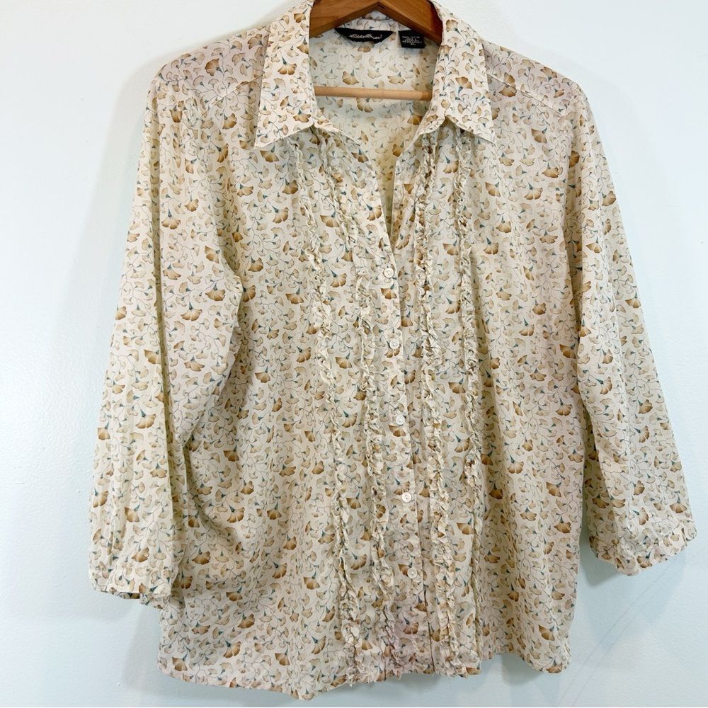 Eddie Bauer Cream Brown Teal Floral Mini Ruffled ButtonDown 100% Cotton Shirt XL